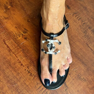 Chanel shoes slingback sandals leather Pearl silver stars 38.5 black new